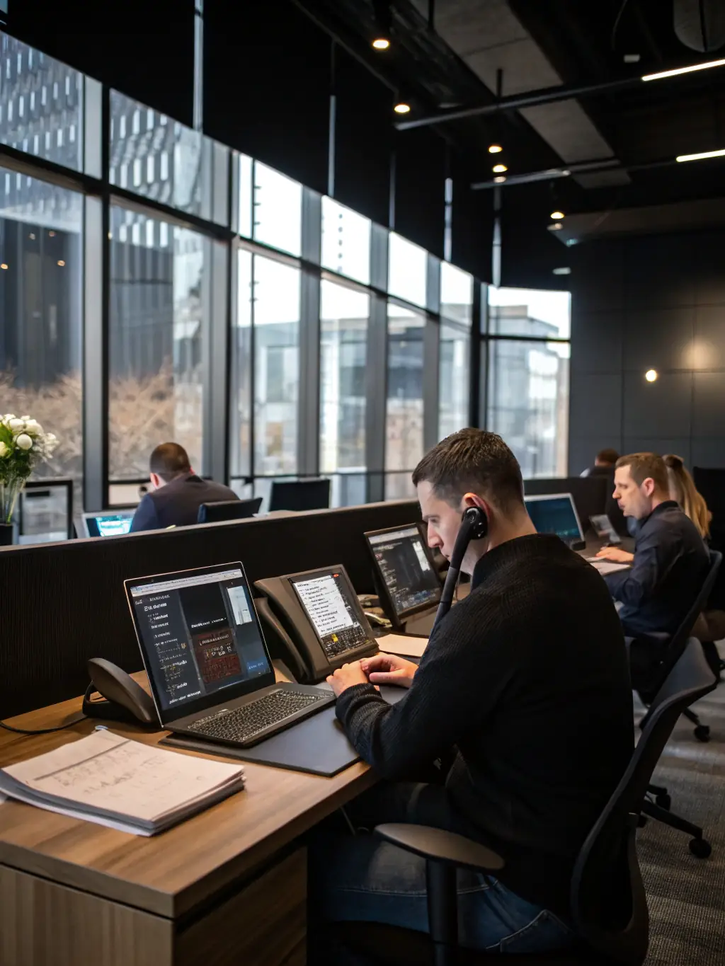 A professional office setting with employees looking stressed and overwhelmed by ringing phones, symbolizing the challenges of managing high call volumes before implementing an AI receptionist.