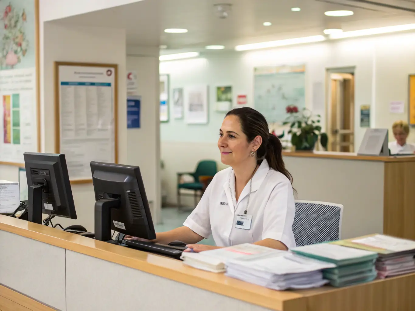 A modern medical office reception area with a friendly receptionist assisting patients, symbolizing the efficiency and patient care enhancement that AI Receptionist brings to medical practices.